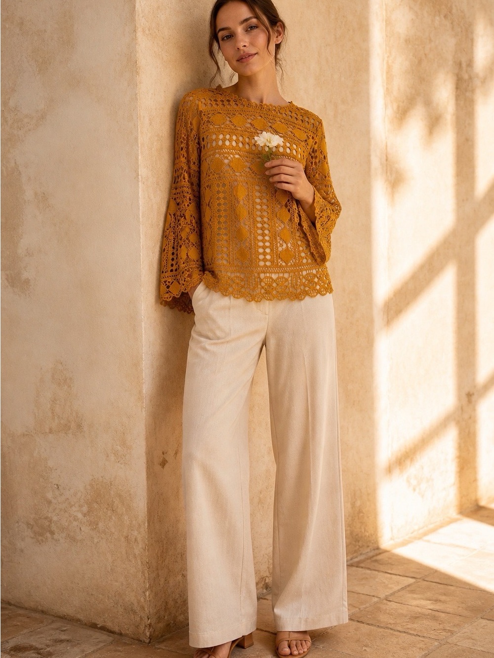 ELLISON  Mustard Crochet Lace Blouse Fluted Sleeves